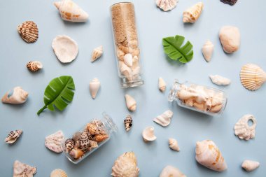 Düz deniz kabukları, mini şişeler, tropikal yapraklar, hasır şapka. Deniz konsepti, tatil, seyahat