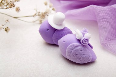 Gelinlik içinde süslü leylak kuşları. Düğün günü konsepti