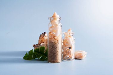 Düz kabuklar, kum, mini şişeler, tropikal yapraklar. Deniz konsepti, tatil, seyahat