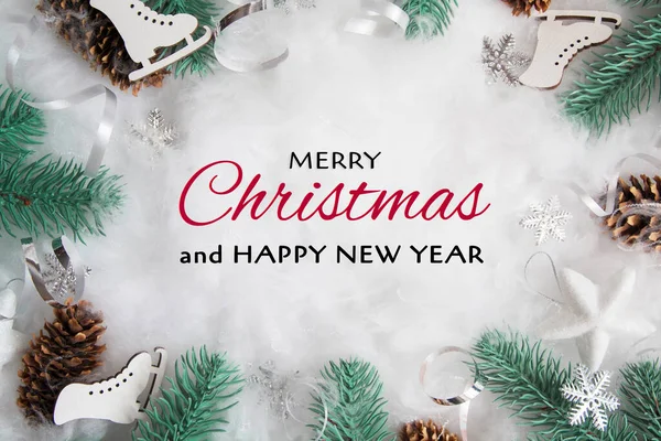 Feliz Natal Cartão Felicitações Férias Com Moldura Cones Galhos Pinho — Fotografia de Stock
