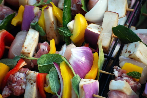 Detail Colorful Skewers Meats Mixed Vegetables Ready Grilled Colorful Skewers — Stock Photo, Image