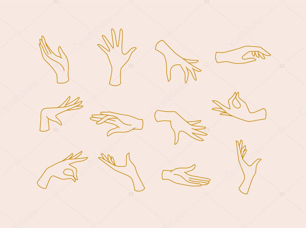 Hands icons drawing in flat style with brown lines on beige background