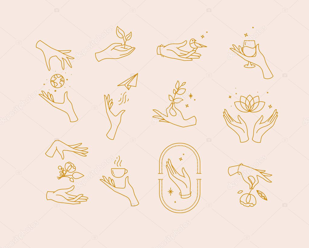 Hand symbols silhouettes drawing in flat style with brown lines on beige background
