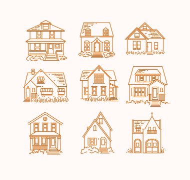 Ev farklı kümesi içinde düz stil bej renkli arka plan üzerinde çizim simgeleri oluşturur