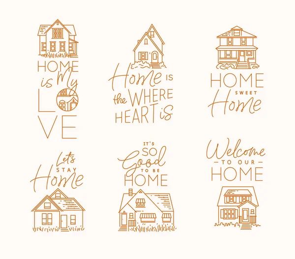 Set House Signs Different Forms Lettering Drawing Flat Style Beige — Stock Vector