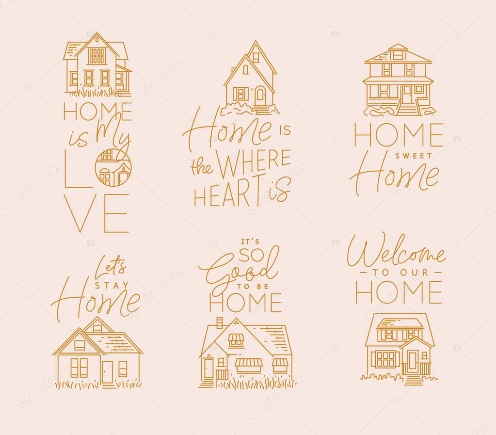 Set of house signs different forms with lettering drawing in flat style with gold lines on beige background