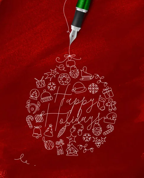 圣诞树玩具球刻字红色背景上的钢笔线条的快乐假期绘图 — 图库矢量图片
