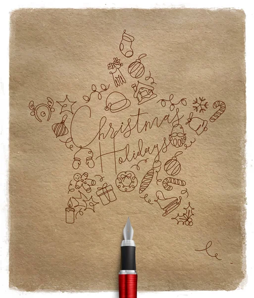 Weihnachtsbaum Spielzeug Stern Schriftzug Urlaub Zeichnung Mit Federstrich Auf Handwerklichem — Stockvektor