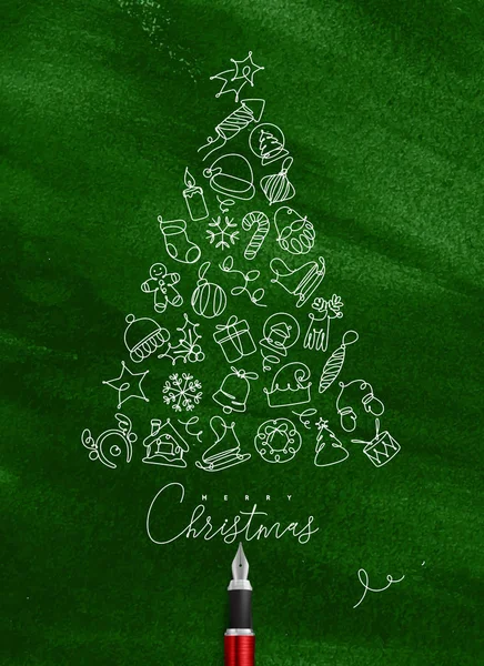 Dibujo Árbol Juguete Navidad Con Línea Pluma Sobre Fondo Verde — Vector de stock