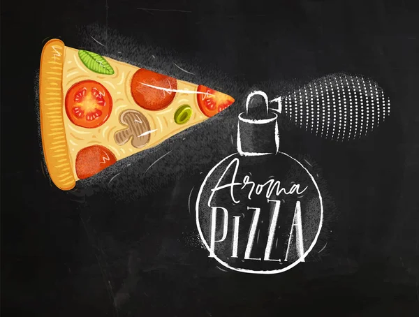 Poster Parfümflasche Aroma Pizza Mit Schriftzug Zeichnung Auf Kreide Hintergrund — Stockvektor