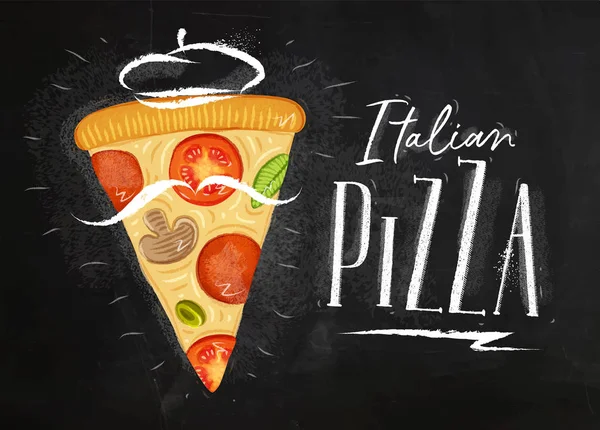 Póster Rebanada Italiana Pizza Con Dibujo Letras Fondo Pizarra — Vector de stock