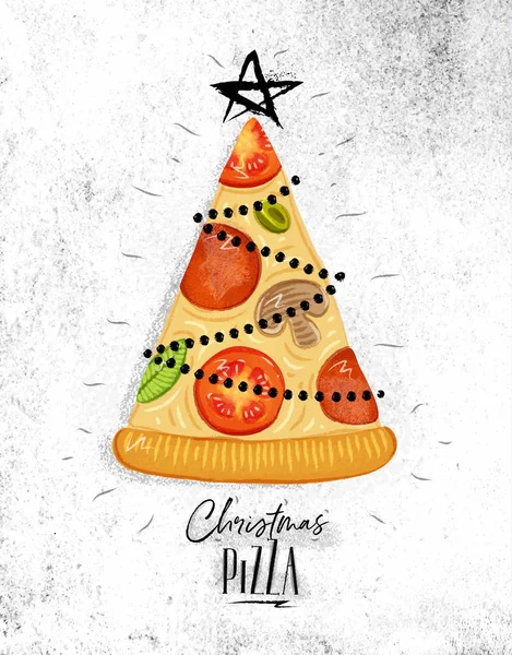 Plakat Choinki Pizza Gwiazdą Szczycie Logotypem Rysunek Tle Nieczysty Papier — Wektor stockowy