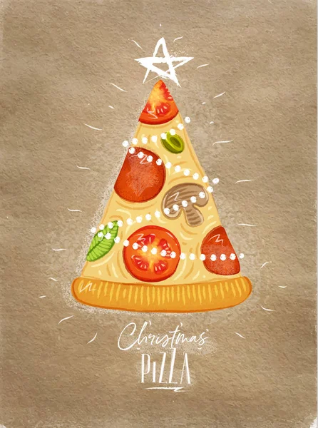 Plakat Choinki Pizza Gwiazdą Szczycie Logotypem Opierając Się Rzemiosło Tło — Wektor stockowy