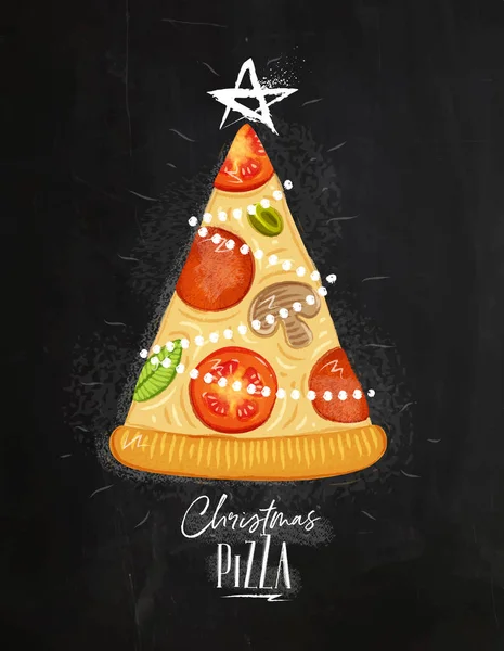 Poster Christmas Tree Pizza Star Top Lettering Drawing Chalkboard Background — Stock Vector