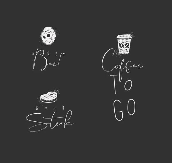 Segno Cibo Lettering Ape Miele Bistecca Caffè Disegno Stile Minimalismo — Vettoriale Stock