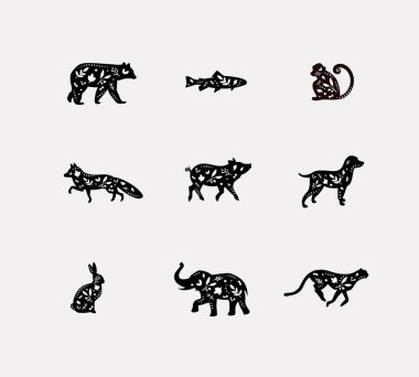 Hayvanlar çiçek grafik siluetleri ayı, balık, maymun, tilki, domuz, köpek, tavşan, fil, kirli arka plan üzerinde çizim cheetah kümesi