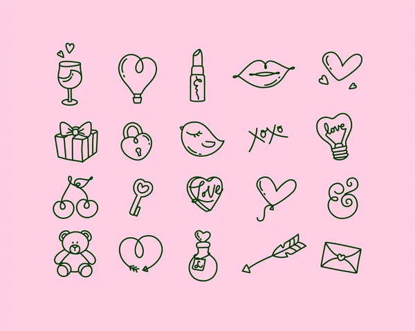 San Valentín Mano Dibujado Iconos Planos Dibujo Sobre Fondo Rosa — Vector de stock