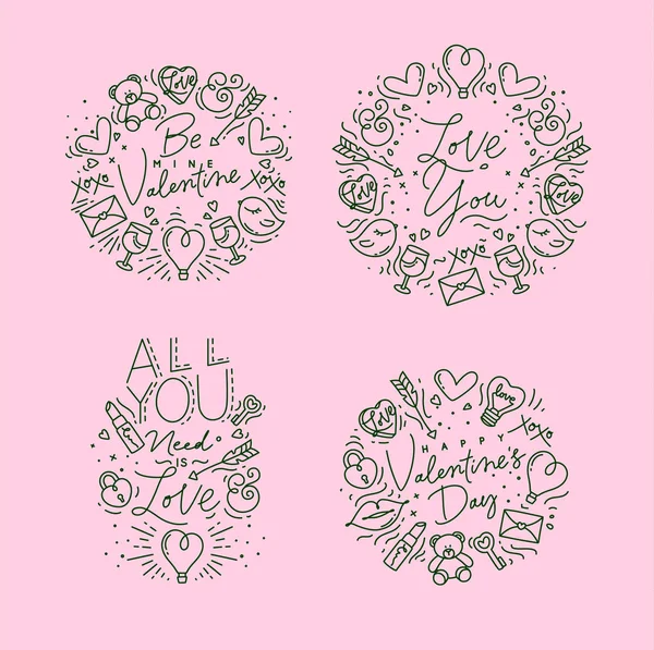 Set Valentine Day Flat Monogram Greeting Lettering Drawing Pink Background — Stock Vector