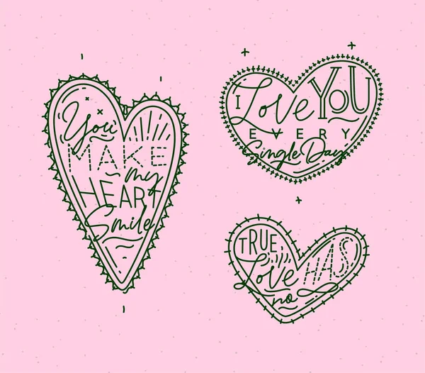 Set Voor Platte Hearts Valentines Dag Met Groet Belettering Tekening — Stockvector