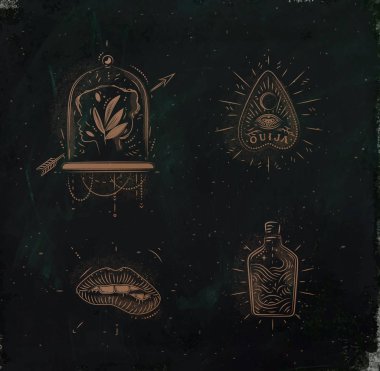 Magic and mystic signs and symbols head, tablet pointer, lips, bottle drawing on dark green background clipart