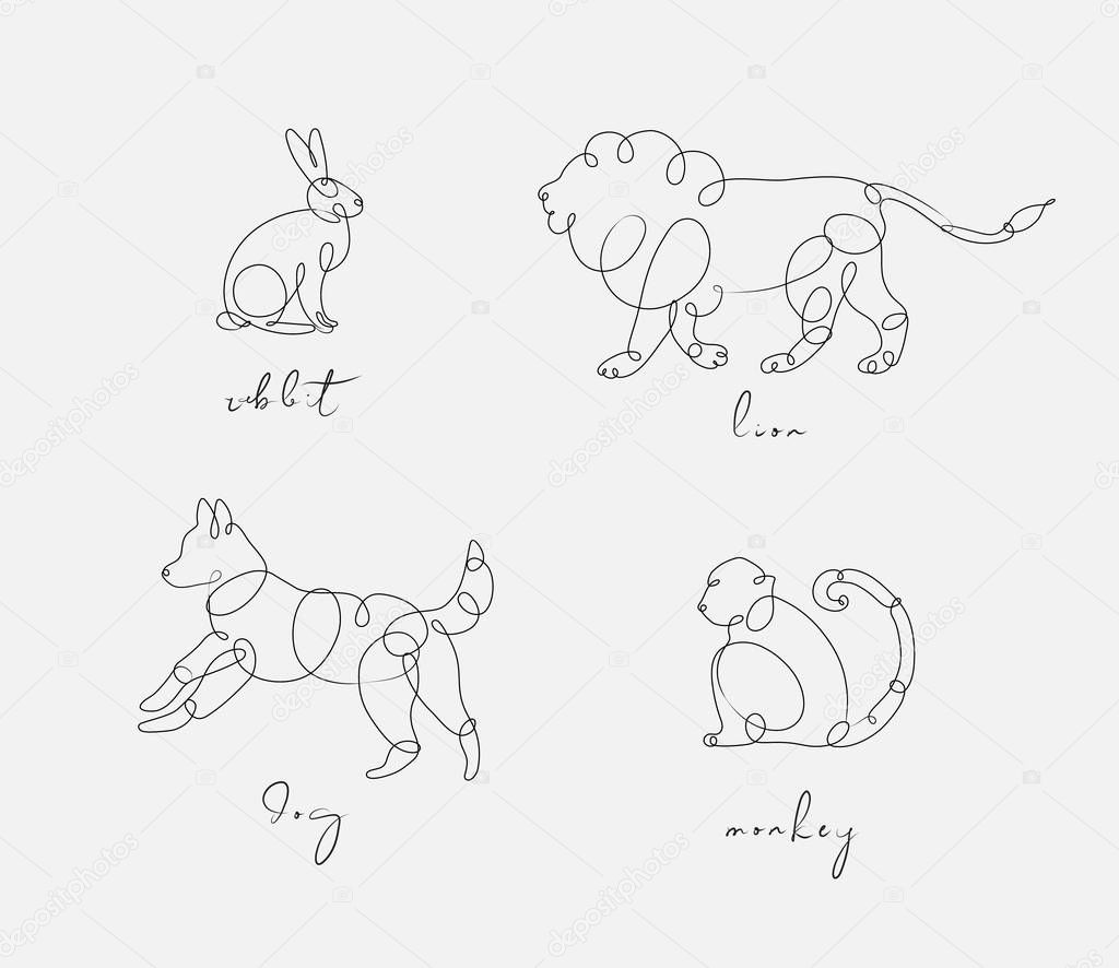 Set of animals rabbit, lion, dog, monkey drawing in pen line style on light background
