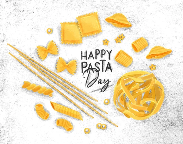 Poster Belettering Gelukkig Pasta Dag Met Vele Soorten Macaroni Puttend — Stockvector