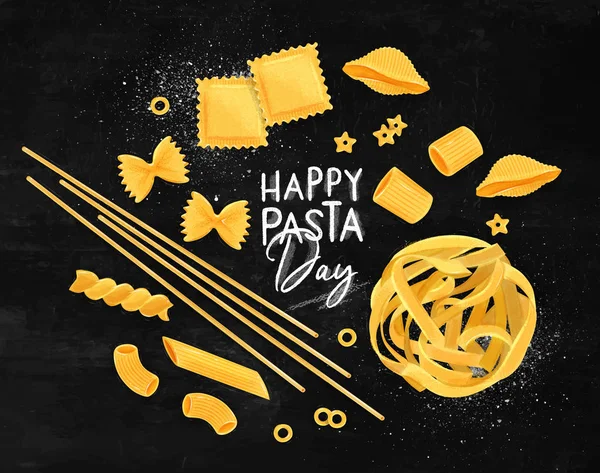 Poster Lettering Happy Pasta Day Many Kinds Macaroni Drawing Chalkboard — Stock Vector