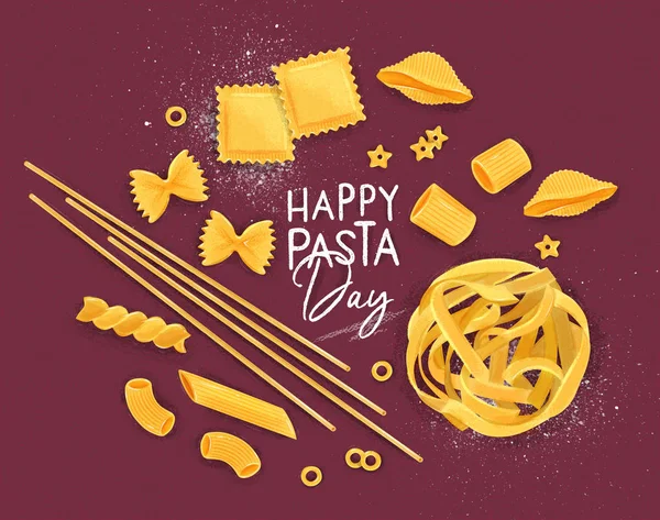 Poster Lettering Happy Pasta Day Many Kinds Macaroni Drawing Crimson — Stock Vector