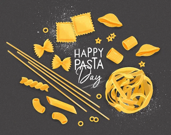 Poster Lettering Happy Pasta Day Many Kinds Macaroni Drawing Grey — Stock Vector