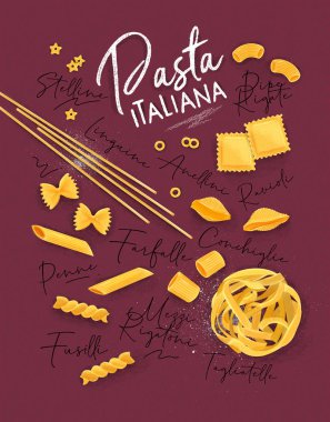 Pek çok koyu kırmızı zemin üzerine çizim makarna ile makarna Italiana yazı poster.