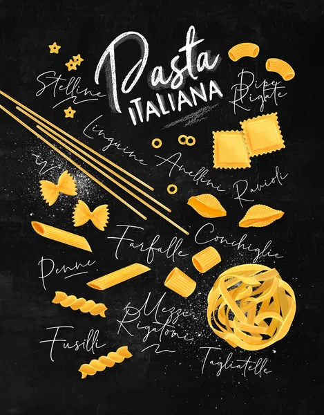 Plakát Mnoha Druhy Makaronů Kreslení Tabuli Pozadí Nápis Pasta Italiana — Stockový vektor