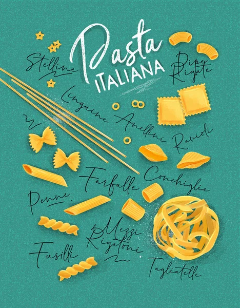 Poster Lettering Pasta Italiana Many Kinds Macaroni Drawing Turquoise Background — Stock Vector