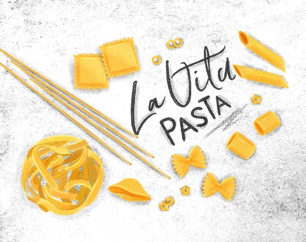 Cartel Letras Pasta Vita Con Muchos Tipos Dibujo Macarrones Fondo — Vector de stock