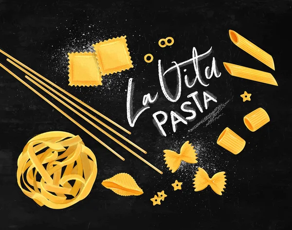 Cartaz Lettering Vita Pasta Com Muitos Tipos Desenho Macarrão Fundo — Vetor de Stock