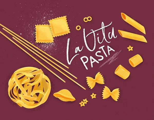 Poster Lettering Vita Pasta Many Kinds Macaroni Drawing Crimson Background — Stock Vector