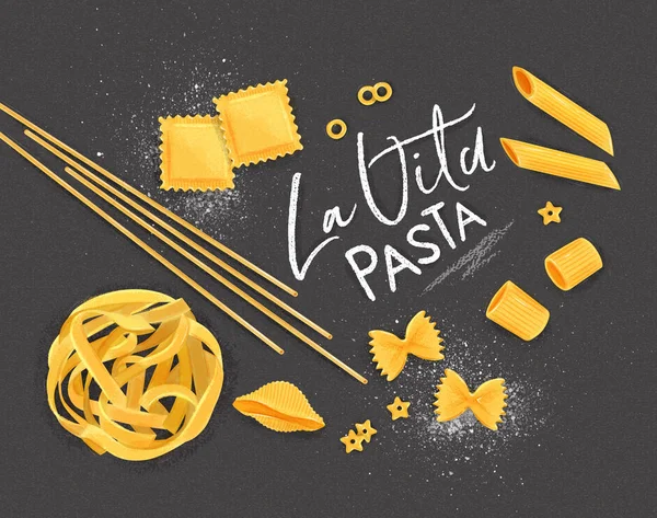 Poster Lettering Vita Pasta Con Molti Tipi Maccheroni Disegno Sfondo — Vettoriale Stock