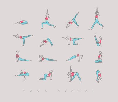 Kızlar yoga asanas ışık tarzı üzerinde bej arka plan rengiyle çizim çizim kalem hattı el