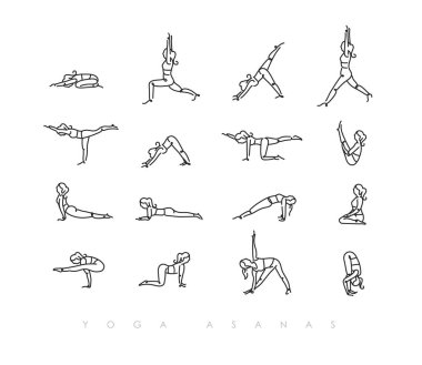 Kızlar yoga asanas ışık tarzı üzerinde beyaz arka plan rengiyle çizim çizim kalem hattı el