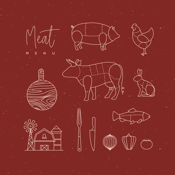 Menu viande éléments plats design rouge — Image vectorielle