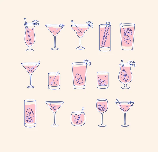 Bebidas Alcohólicas Cócteles Icono Conjunto Estilo Línea Plana Sobre Fondo — Archivo Imágenes Vectoriales