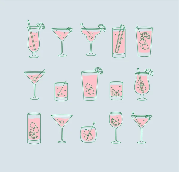 酒水和鸡尾酒图标设置为浅蓝色背景的扁平线条风格 — 图库矢量图片