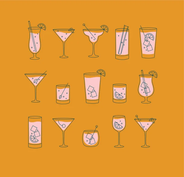 Icône Boissons Alcoolisées Cocktails Dans Style Plat Sur Fond Orange — Image vectorielle