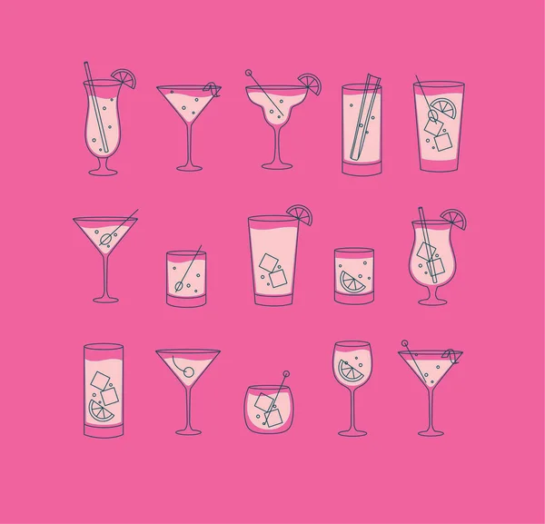 Bebidas Alcohólicas Cócteles Icono Conjunto Estilo Línea Plana Sobre Fondo — Archivo Imágenes Vectoriales