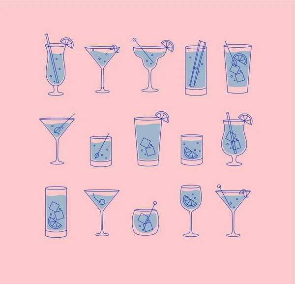 Alcohol Drinks Cocktails Icon Set Flat Line Style Pink Background — Stock Vector
