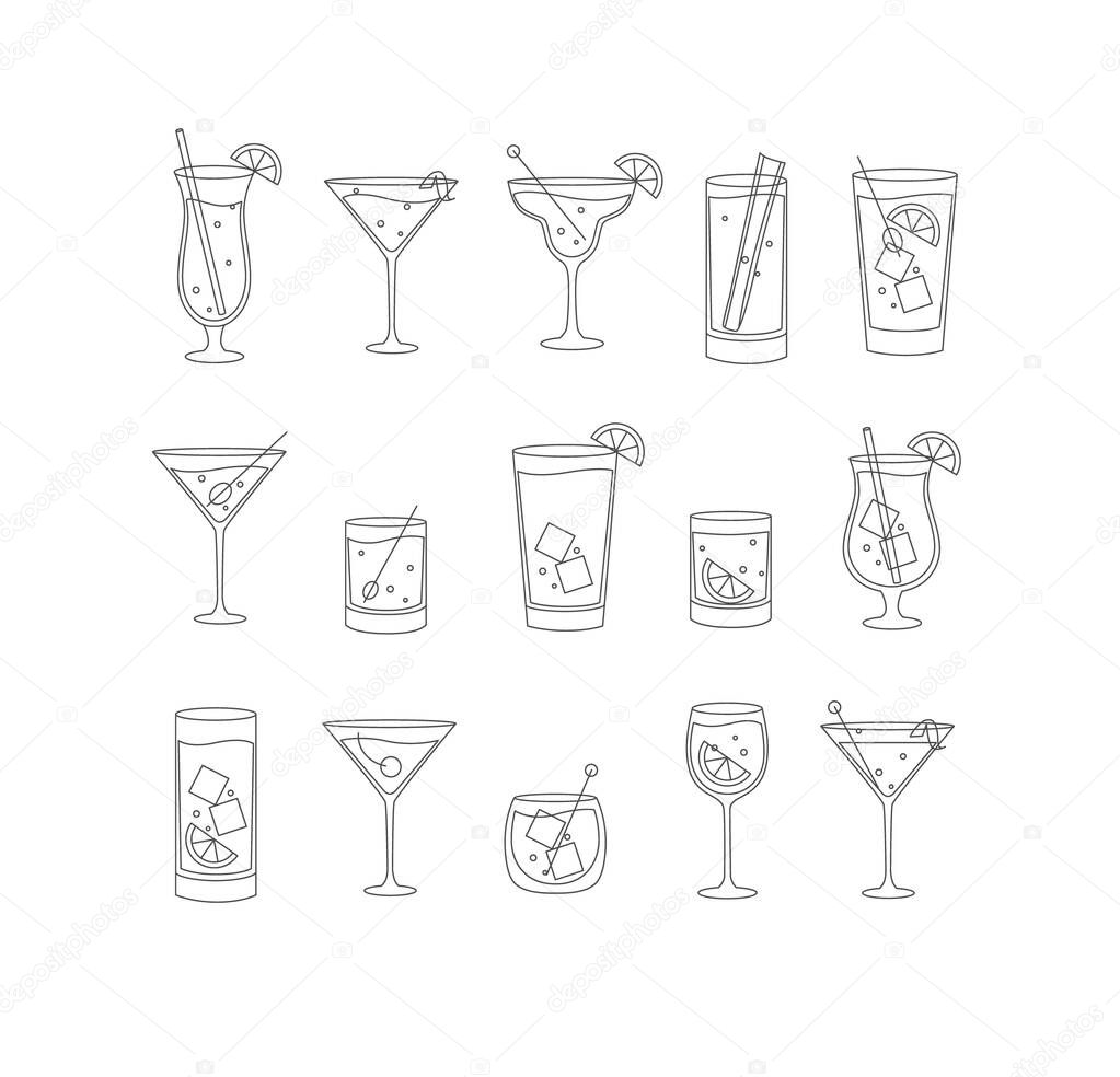 Alcohol drinks and cocktails icon set in flat line style on white background.