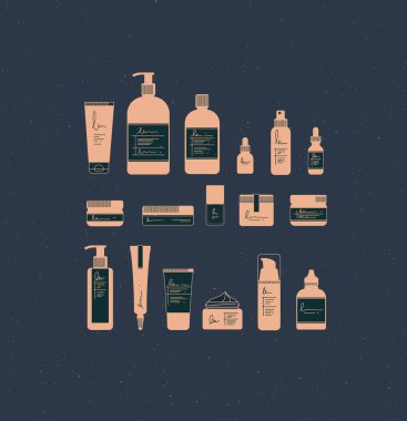 Grafik tarzında kozmetik şişeler. Mavi arka planda güzellik ve moda ürünleri için birçok konteynır çiziliyor