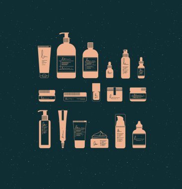 Grafik tarzında kozmetik şişeler. Koyu arkaplanda güzellik ve moda ürünleri için birçok konteynır çiziliyor