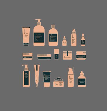 Grafik tarzında kozmetik şişeler. Gri arka planda güzellik ve moda ürünleri için birçok konteynır çiziliyor
