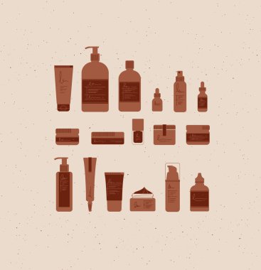 Grafik tarzında kozmetik şişeler. Bej arka planda güzellik ve moda ürünleri için birçok konteynır çiziliyor