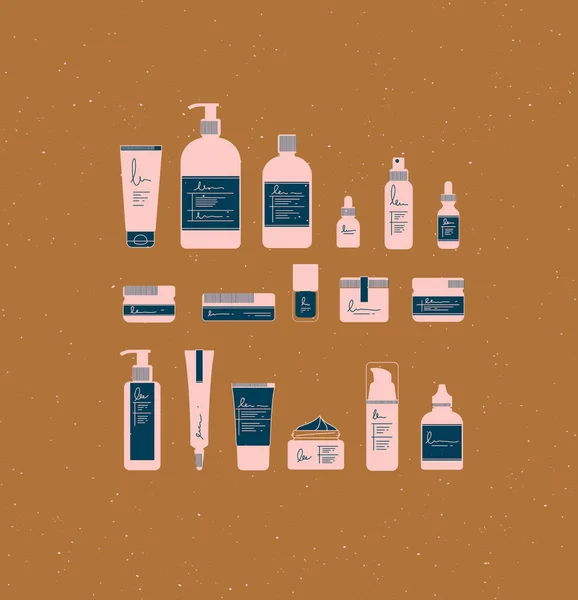 Set Botellas Cosméticas Estilo Gráfico Muchos Contenedores Para Productos Belleza — Archivo Imágenes Vectoriales